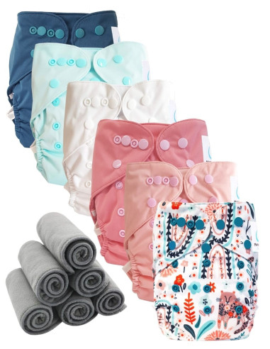 Lot 6 couches lavables tout en deux Te2 à doubles goussets + 6 inserts en bambou