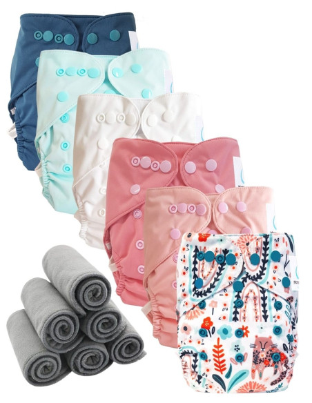 Lot 6 couches lavables tout en deux Te2 à doubles goussets + 6 inserts en bambou