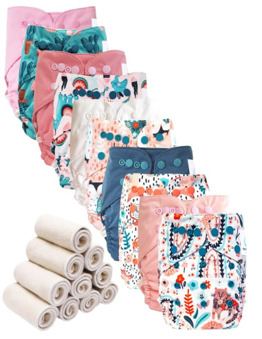 Lot 10 Washable layers while two te2 with double gussets + 10 bamboo inserts