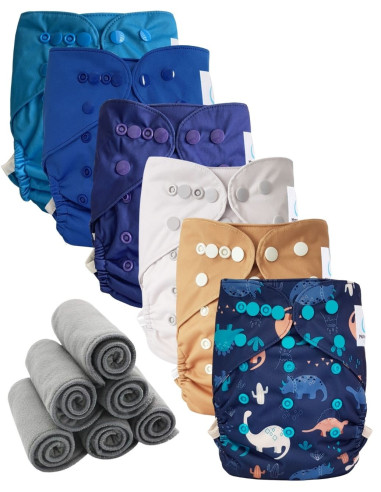 Lot 6 couches lavables tout en deux Te2 à doubles goussets + 6 inserts en bambou