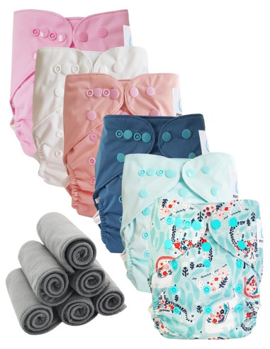 Lote 6 pañales Lavable los dos TE2 con vainas dobles + 6 inserciones de bambú