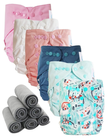 Lot 6 couches lavables tout en deux Te2 à doubles goussets + 6 inserts en bambou