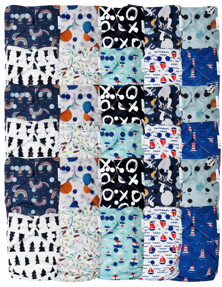 Lot de 30 couches lavables évolutives à motif + 30 inserts