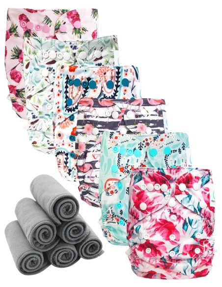 Lot 6 Washable layers while two te2 with double gussets + 6 bamboo inserts