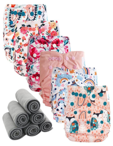 Lot 6 couches lavables tout en deux Te2 à doubles goussets + 6 inserts en bambou