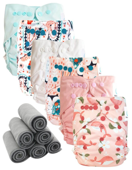 Lot 6 couches lavables tout en deux Te2 à doubles goussets + 6 inserts en bambou