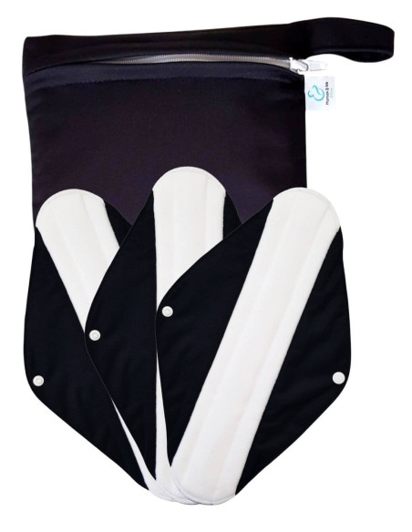 Lot de 3 Serviettes hygiéniques lavables en bambou charcoal et leur pochette imperméable assortie