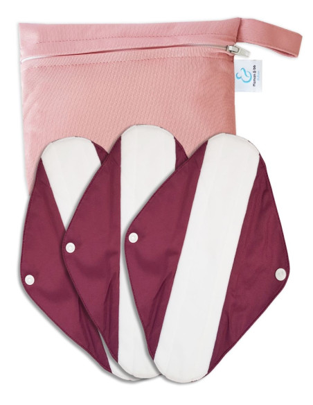 Lot de 3 Serviettes hygiéniques lavables en bambou charcoal et leur pochette imperméable assortie