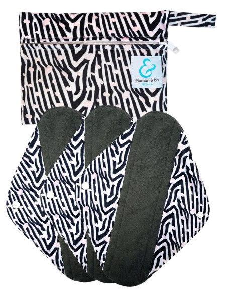 Zebra - Set von 3 waschbaren hygienischen Handtüchern + Beutel - Mitte