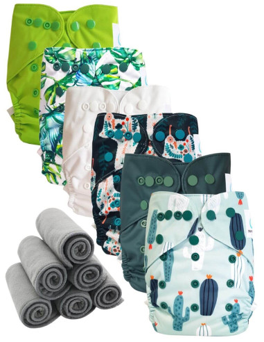 Lot 6 couches lavables tout en deux Te2 à doubles goussets + 6 inserts en bambou