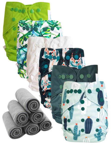 Lot 6 couches lavables tout en deux Te2 à doubles goussets + 6 inserts en bambou