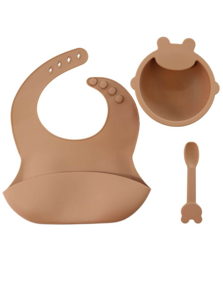 Lot de bavoir en silicone + assiette + cuillère - Marron