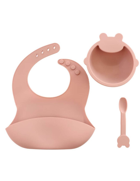 Lot de bavoir en silicone + assiette + cuillère - Vieux Rose