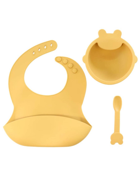 Lot de bavoir en silicone + assiette + cuillère - Jaune