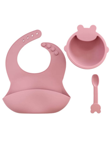 Lote de babero de silicona + placa + cuchara - rosa