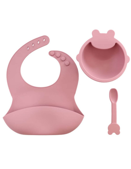 Lot de bavoir en silicone + assiette + cuillère - Rose
