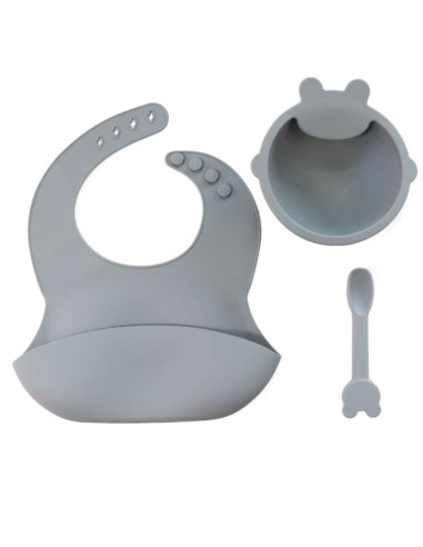 Lot de bavoir en silicone + assiette + cuillère - Gris