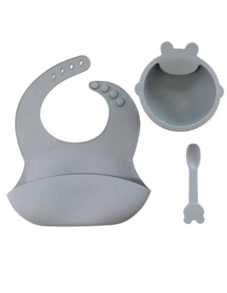 Lot de bavoir en silicone + assiette + cuillère - Gris