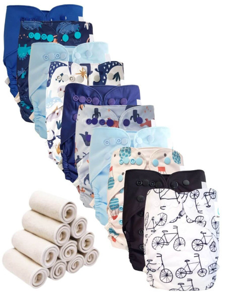 Lot 10 couches lavables tout en deux Te2 à doubles goussets + 10 inserts en bambou