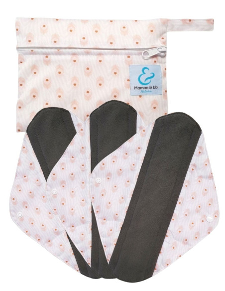 Paon - Lot de 3 serviettes hygiéniques lavables + pochette - 25 cm