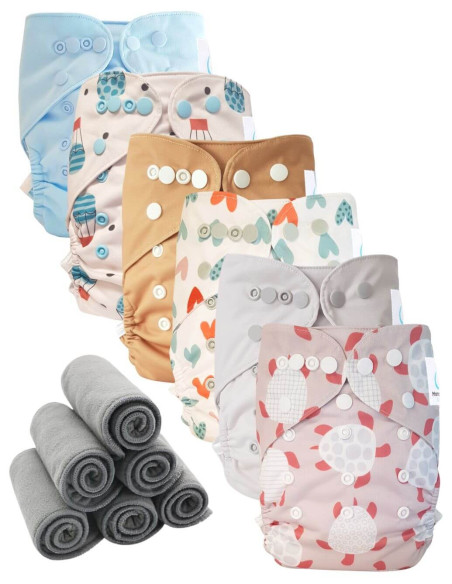 Lot 6 couches lavables tout en deux Te2 à doubles goussets + 6 inserts en bambou