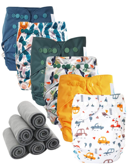 Lot 6 couches lavables tout en deux Te2 à doubles goussets + 6 inserts en bambou