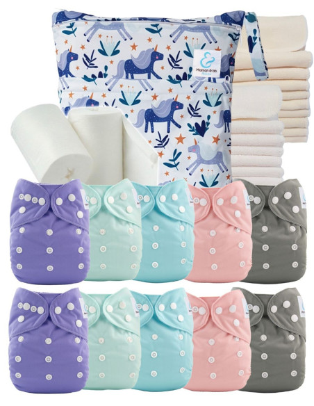 Pack complet premium composé de 10 couches lavables, d'inserts, d'un sac imperméable et de voiles de protection