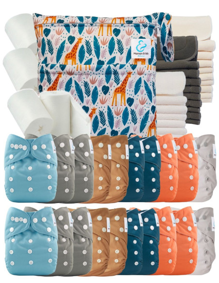 Mega pack 20 couches lavables TE1 + inserts + voiles de protection et son sac imperméable