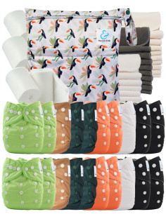 Mega Pack 20 windeln Waschbare TE1 + Einsätze + Schutzsegeln und seine wasserdichte Tasche