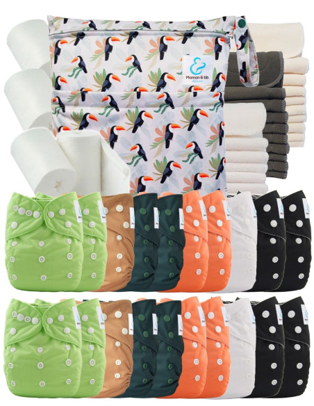 Mega Pack 20 windeln Waschbare TE1 + Einsätze + Schutzsegeln und seine wasserdichte Tasche