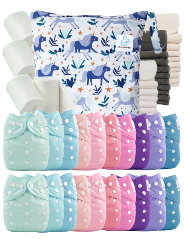 Mega pack 20 couches lavables TE1 + inserts + voiles de protection et son sac imperméable