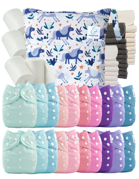 Mega pack 20 couches lavables TE1 + inserts + voiles de protection et son sac imperméable