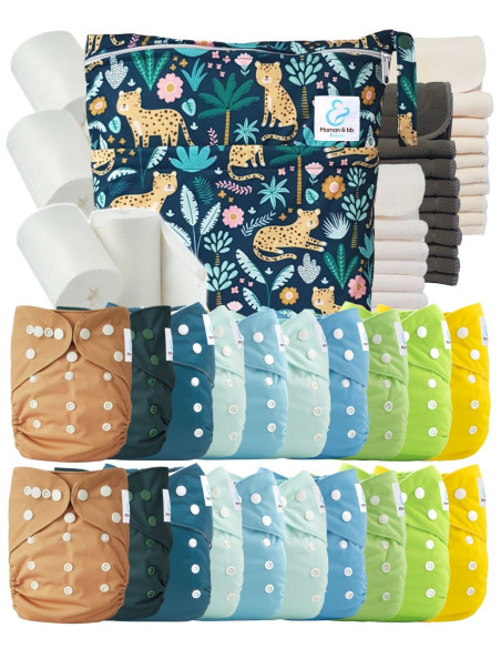 Mega pack 20 couches lavables + inserts + voiles de protection et son sac imperméable