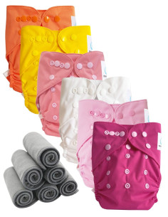 Lot 6 couches lavables tout en deux Te2 à doubles goussets + 6 inserts en bambou