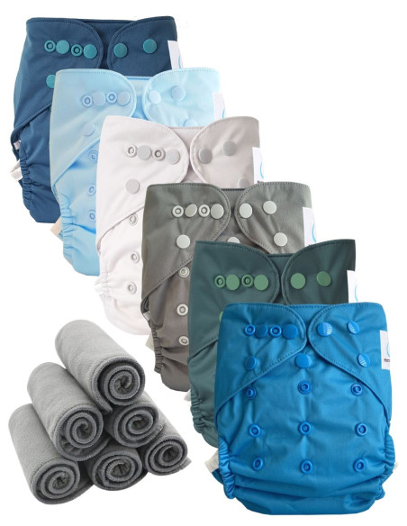 Lot 6 couches lavables tout en deux Te2 à doubles goussets + 6 inserts en bambou