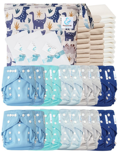 Pack complet couches lavables TE2 certifiées Oeko Tex® + 20 inserts en coton + 10 inserts bambou + sac + voiles de protection