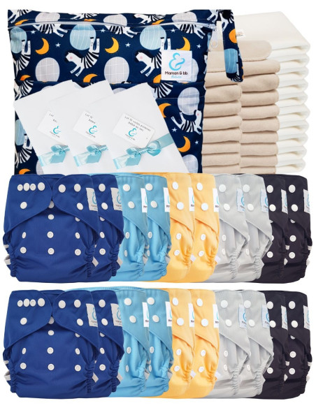 Pack complet couches lavables TE2 certifiées Oeko Tex® + 20 inserts en coton + 10 inserts bambou + sac + voiles de protection