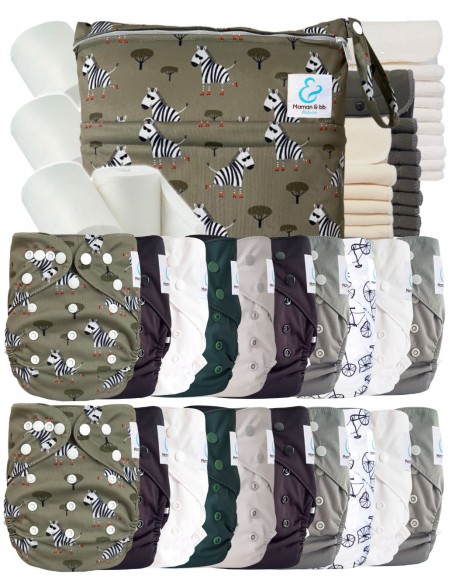 Mega pack couches lavables TE2 + 10 inserts bambou + 10 inserts microfibre + sac imperméable + voiles de protection