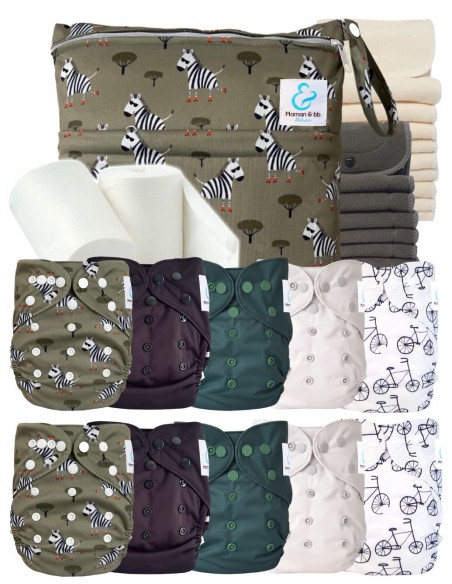 Pack complet couches lavables TE2 + 10 inserts bambou + 10 inserts charcoal + sac imperméable + voiles de protection