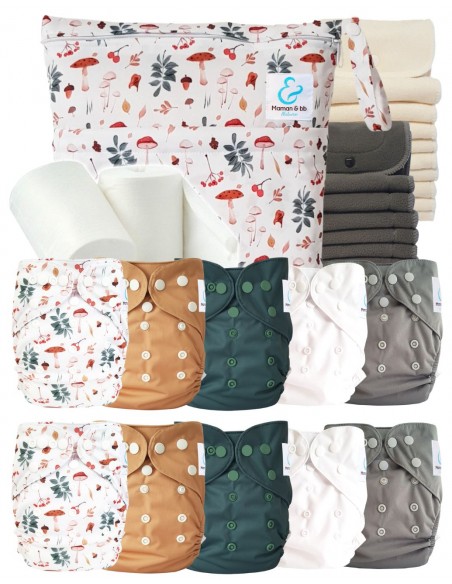 Pack complet couches lavables TE2 + 10 inserts bambou + 10 inserts charcoal + sac imperméable + voiles de protection