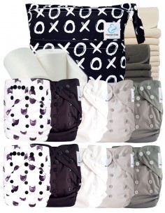 Pack complet couches lavables TE2 + 10 inserts bambou + 10 inserts charcoal + sac imperméable + voiles de protection