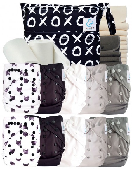 Pack complet couches lavables TE2 + 10 inserts bambou + 10 inserts charcoal + sac imperméable + voiles de protection