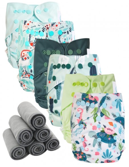 Lote 6 pañales Lavable los dos TE2 con vainas dobles + 6 inserciones de bambú