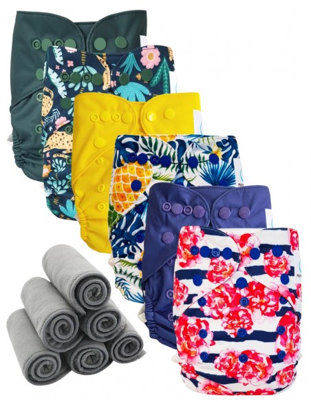 Lot 6 Washable layers while two te2 with double gussets + 6 bamboo inserts