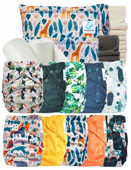 Pack complet couches lavables TE2 + 10 inserts bambou + 10 inserts charcoal + sac imperméable + voiles de protection
