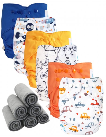 Lot 6 couches lavables tout en deux Te2 à doubles goussets + 6 inserts en bambou