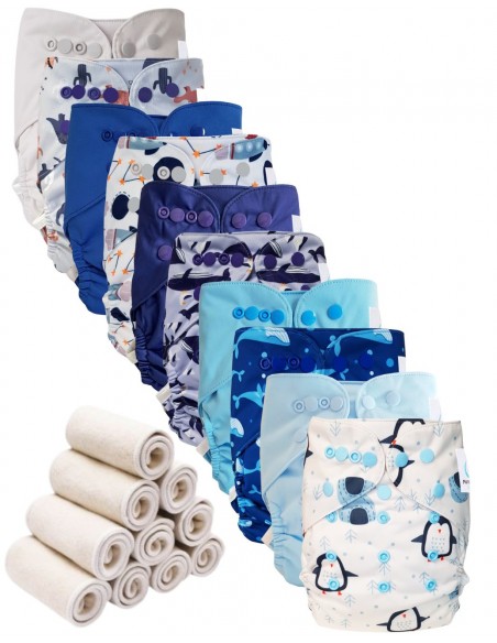 Lot 10 couches lavables tout en deux Te2 à doubles goussets + 10 inserts en bambou