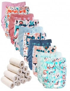 Lot 10 couches lavables tout en deux Te2 à doubles goussets + 10 inserts en bambou