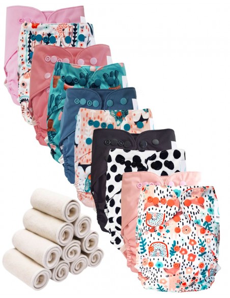 Lot 10 couches lavables tout en deux Te2 à doubles goussets + 10 inserts en bambou