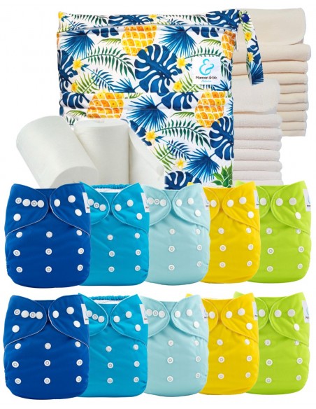 Paquete completo premium de 10 capas lavables, insertos, bolsa impermeable y velas protectoras